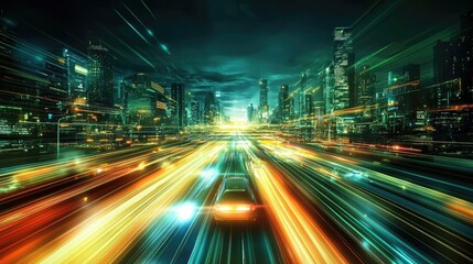 Obraz premium Night city highway with fast moving cars and vibrant light trails.