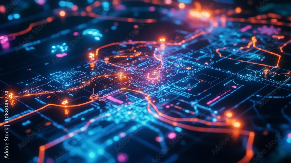 Poster a holographic map displaying a personalized travel route generated by ai, with different attractions