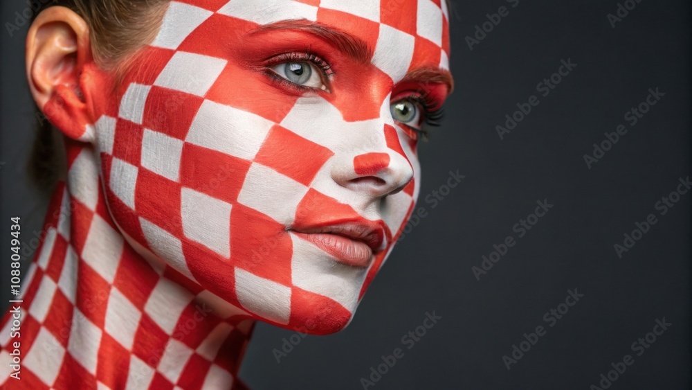 Poster this vibrant image presents a person whose face is entirely covered in a neon checkerboard pattern o