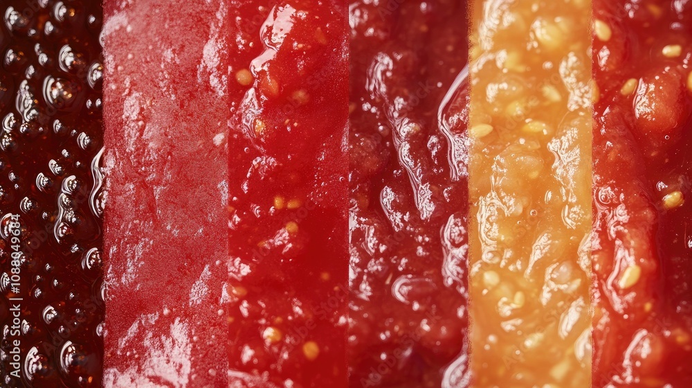 Poster close-up of various tomato sauces with different textures and colors.