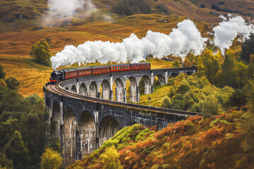 Fototapeta premium Whimsical locomotive, steam train on bridge with scenic forest views