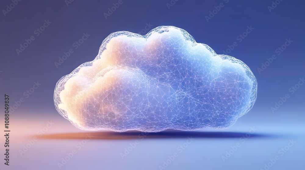Aufkleber a 3d rendering of a cloud icon with a wireframe structure, against a blue and orange gradient backgr