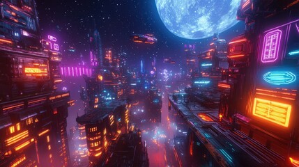 Obraz premium Futuristic cityscape at night with neon lights, flying vehicles, and a large moon.