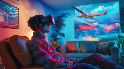 A man in a VR headset sitting in his living room, but virtually skydiving from an airplane, with vivid visual projections around him.