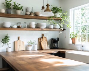 Cozy Rustic Kitchen with Wood Accents and Stylish Hanging Decor
