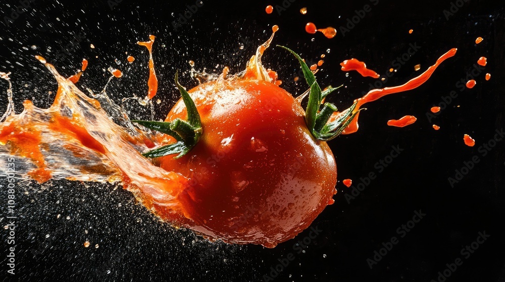 Poster exploding tomato with juice splash on black background.