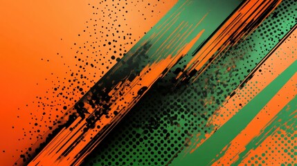 Abstract orange and green diagonal brush strokes with black splatters and halftone dots.