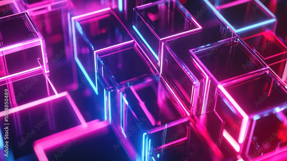 Poster 3d render, abstract futuristic background with neon geometric pattern