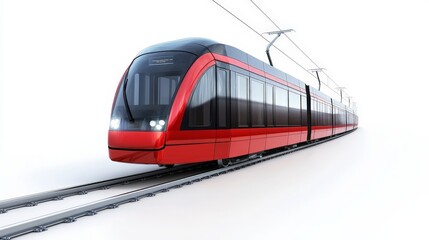 Fototapeta premium A modern light rail train gliding along tracks, isolated on a white background