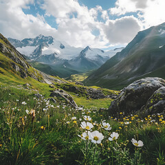 Fototapeta premium Scenic Alpine Valley with Wildflowers and Majestic Mountains Under a Blue Sky and Dramatic Cloudscape, Capturing Nature's Breathtaking Beauty and Tranquility