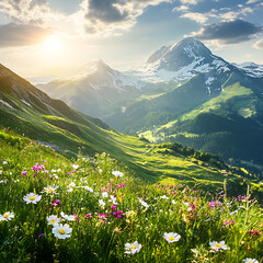 Fototapeta premium Beautiful Sunrise Over Majestic Mountains with Colorful Wildflowers in Foreground and Scenic Landscape in Tranquil Nature Setting