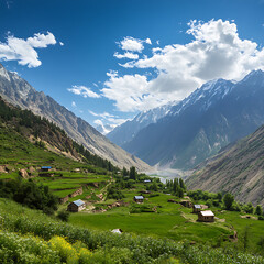 Breathtaking View of Serene Mountain Valley with Lush Green Fields and Traditional Houses Beneath Dramatic Sky and Majestic Peaks in the Distance