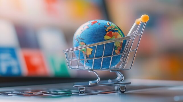 Global Ecommerce Shopping Cart: A miniature globe rests inside a shopping cart on a laptop keyboard, symbolizing worldwide online commerce and global trade.   - Powered by Adobe
