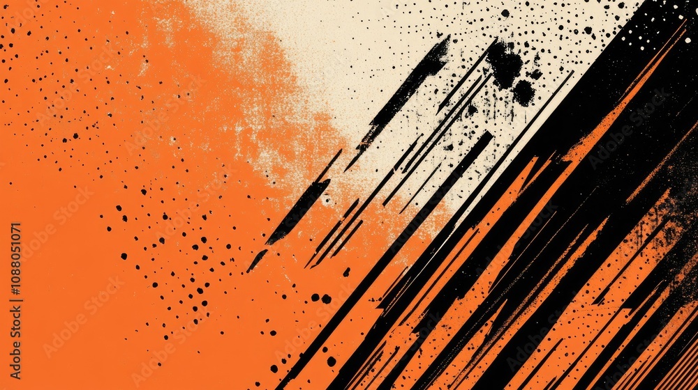 Poster abstract orange and black grunge texture with diagonal lines and splatters.