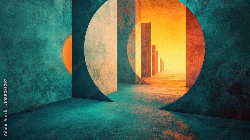 Poster abstract textured corridor with circular openings and warm light at the end.