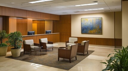 Modern office reception area with seating, wood paneling, and artwork.
