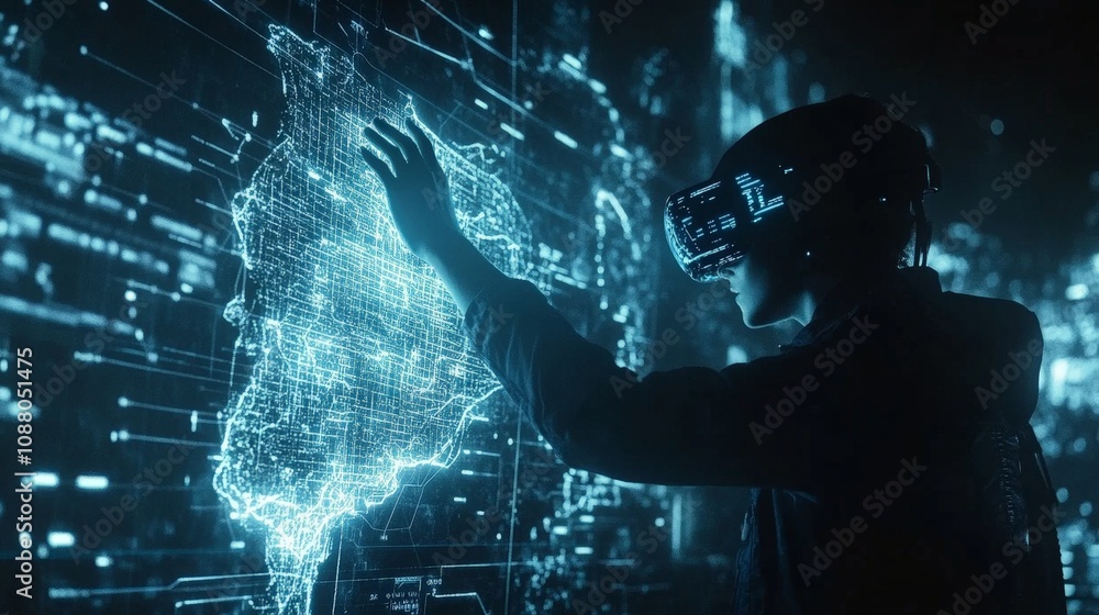 Poster a person reaching out to touch a glowing digital map while wearing a vr headset, surrounded by futur