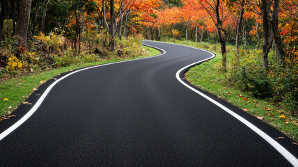Fototapeta premium Winding asphalt road surrounded by colorful autumn trees