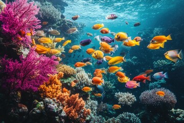 Obraz premium A vibrant coral reef teeming with colorful fish, showcasing the beauty and diversity of underwater ecosystems.