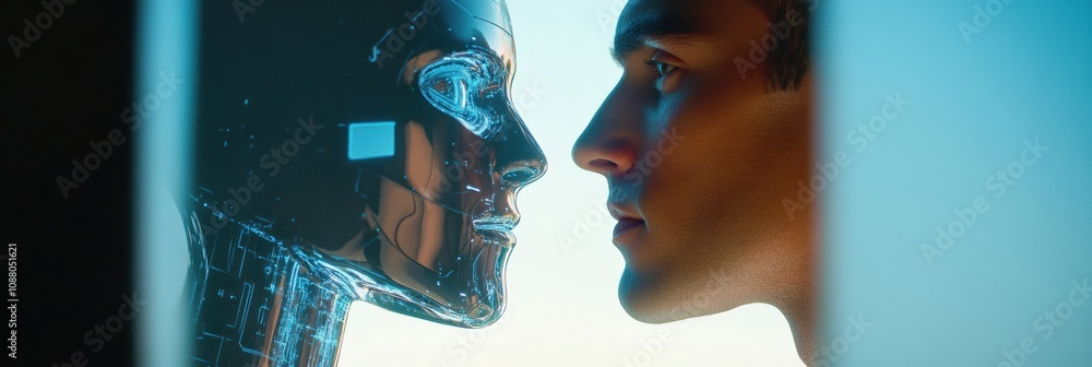 Aufkleber A human closely examines their reflection in a digital mirror showing a robot, highlighting the interaction between humanity and technology. Generative AI