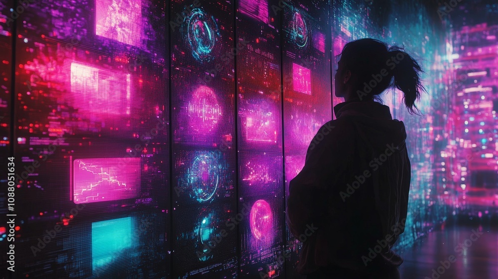 Poster a person standing in front of a digital screen showing personalized ai-generated entertainment optio