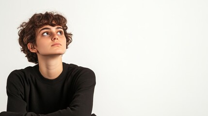 Fototapeta premium A person sitting with a serious expression, deep in thought, isolated on a white background