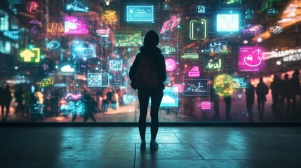 A person standing before a digital screen filled with AI-generated suggestions for their favorite hobbies and activities, glowing icons depicting travel, health, and food.