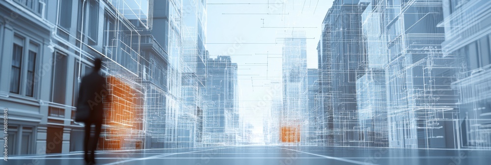 Poster a person walks through a modern city where buildings are interconnected by an advanced ai network, e