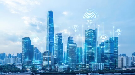 Naklejka premium Smart city skyline with wireless network connection.