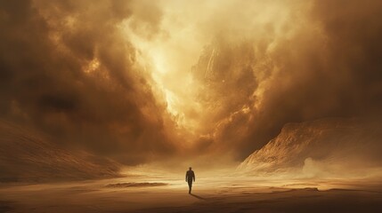 A Solitary Figure Walks Towards a Mountainous Landscape Under a Dramatic Sky