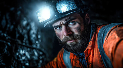 Fototapeta premium miner with headlamp inspects dark underground tunnel, showcasing determination and focus. rugged environment highlights challenges faced in mining