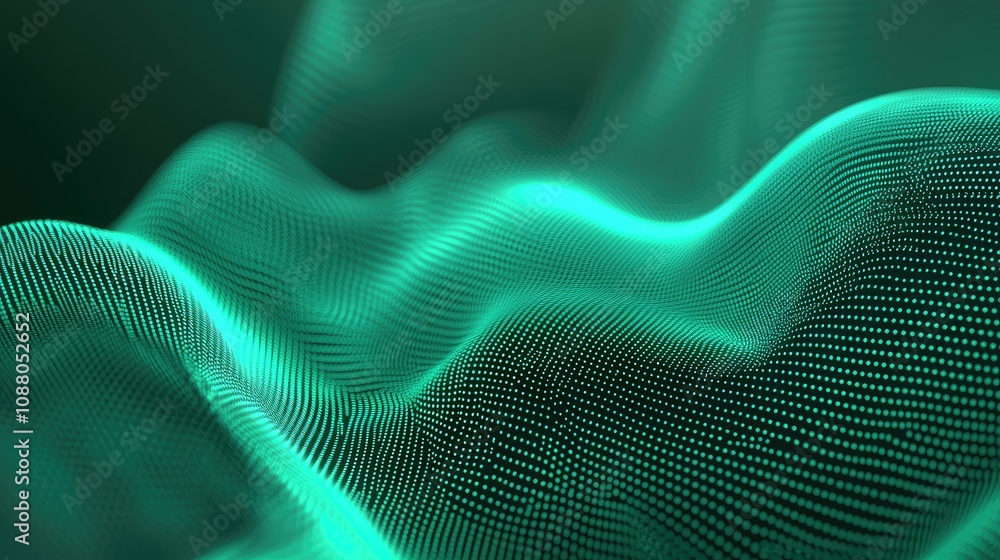 Poster abstract teal wave of particles, digital rendering.