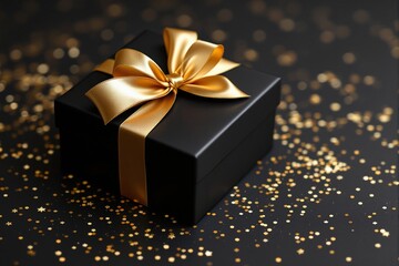 Elegant Black Gift Box with Golden Ribbon on a Shimmering Background