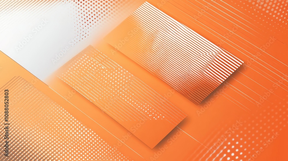 Aufkleber abstract orange and white textured background with overlapping rectangles and halftone patterns.