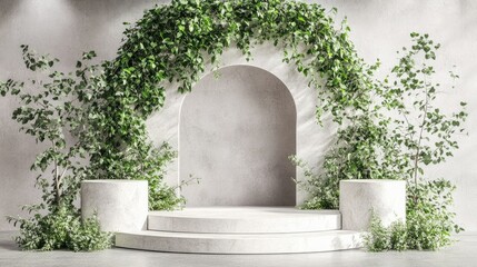 White marble podium with archway and greenery.
