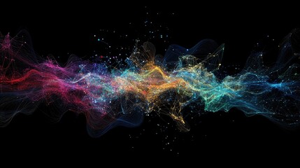 Fototapeta premium Abstract colorful wave particles on black background.