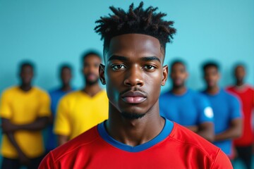 Fototapeta premium Confident Young Male Athlete in Red Jersey with Diverse Teammates in Background