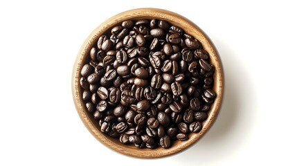 Fototapeta premium Wooden bowl filled with dark roasted coffee beans, perfect for coffee shop menus, social media posts, and kitchen decor themes.