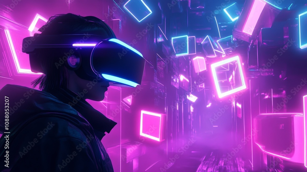 Aufkleber a user in a vr headset playing a game, glowing neon shapes moving around them in an abstract futuris