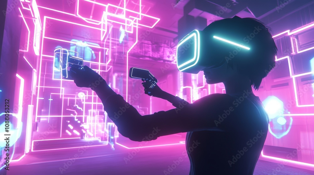 Aufkleber a user in a vr headset playing a game, glowing neon shapes moving around them in an abstract futuris