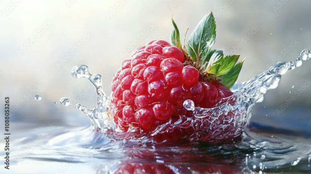 Poster fresh raspberry splashing into water.
