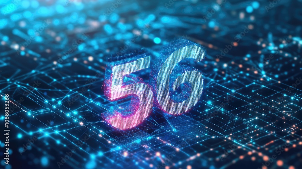 Poster futuristic 5g network technology, digital data streams.