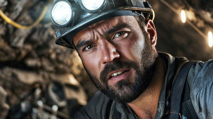 Miner with headlamp in underground tunnel, showcasing determination and focus. rugged environment...