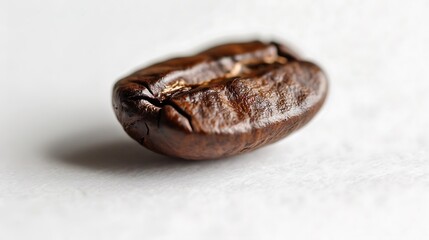 Single roasted brown coffee bean on white surface. Ideal for coffee shop promotions, espresso related designs, and food and beverage blogs.