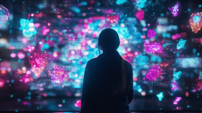 A user looking at a digital screen filled with personalized AI-generated content for entertainment, wellness, and travel, glowing with bright colors.