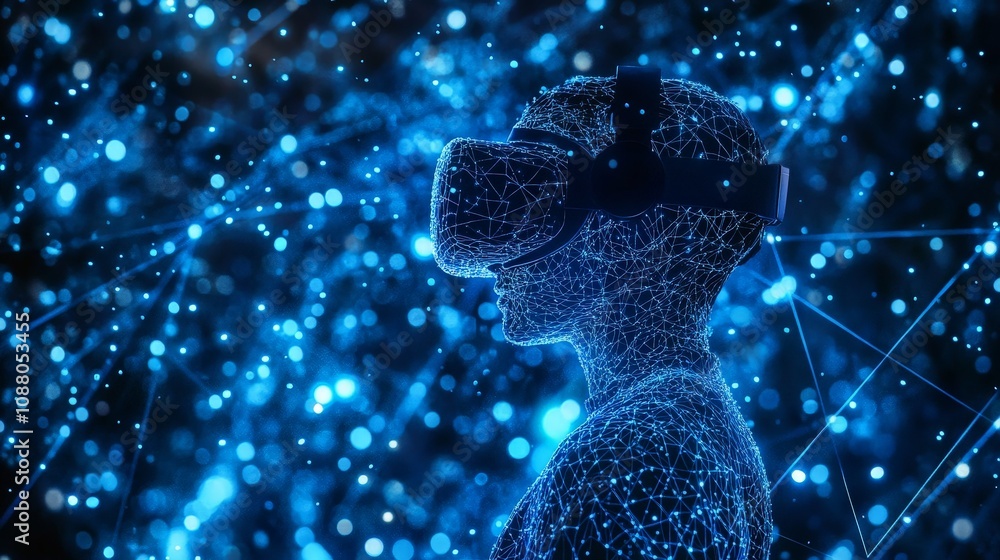 Poster a user wearing a vr headset, seemingly suspended in a digital environment of glowing blue networks a