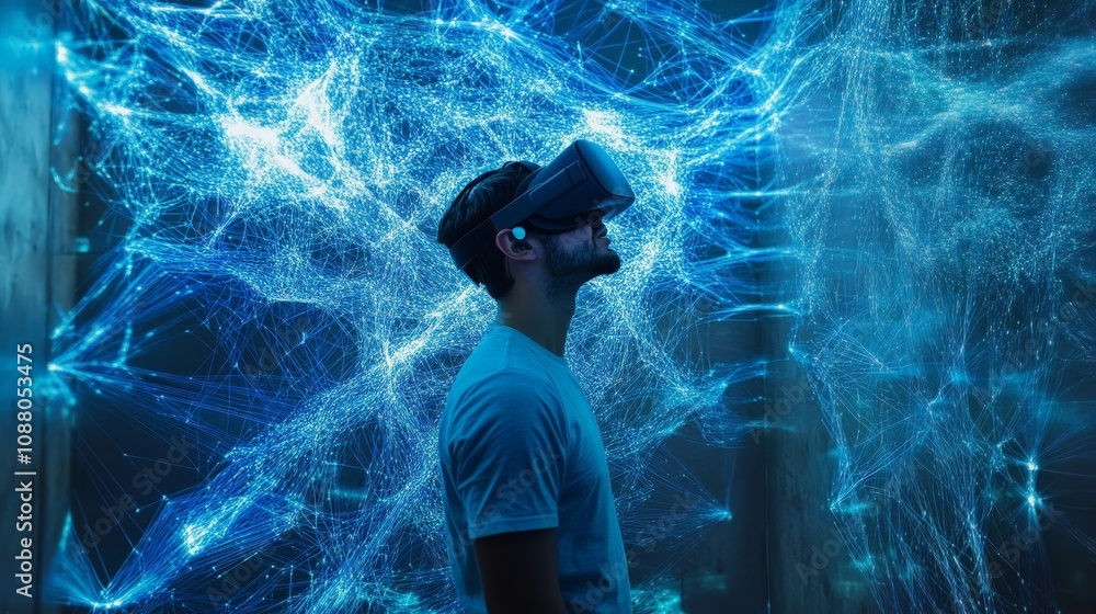 Poster a user wearing a vr headset, seemingly suspended in a digital environment of glowing blue networks a