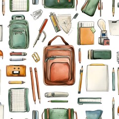 Watercolor Illustration of Various School Supplies and Backpacks