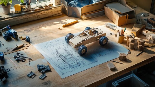 Architectural table featuring an amphibious vehicle model under construction, with design plans and craft tools scattered around 