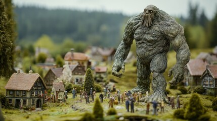 Obraz premium A Giant Threatens Miniature Village